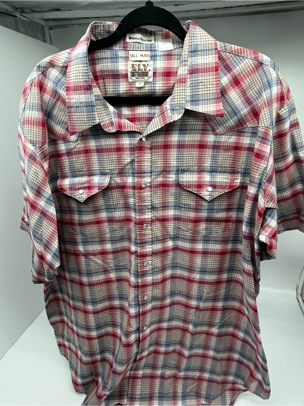 Ely Cattleman Red and Blue Plaid Short-Sleeve Western Shirt Tall 19